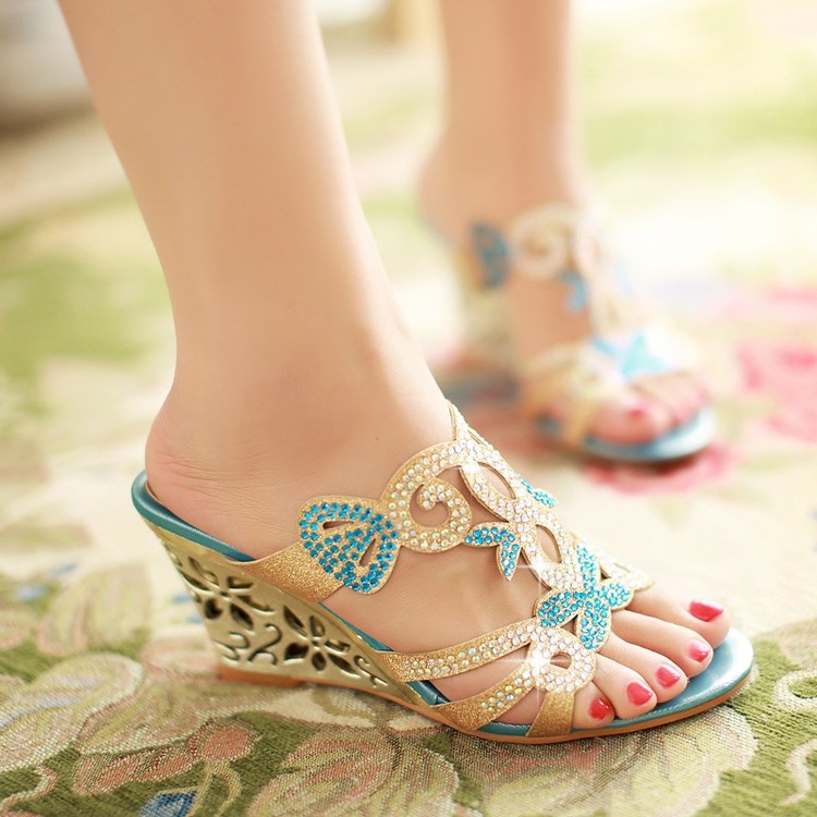 Sexy High Heel Wedge Slippers with Color Block Design