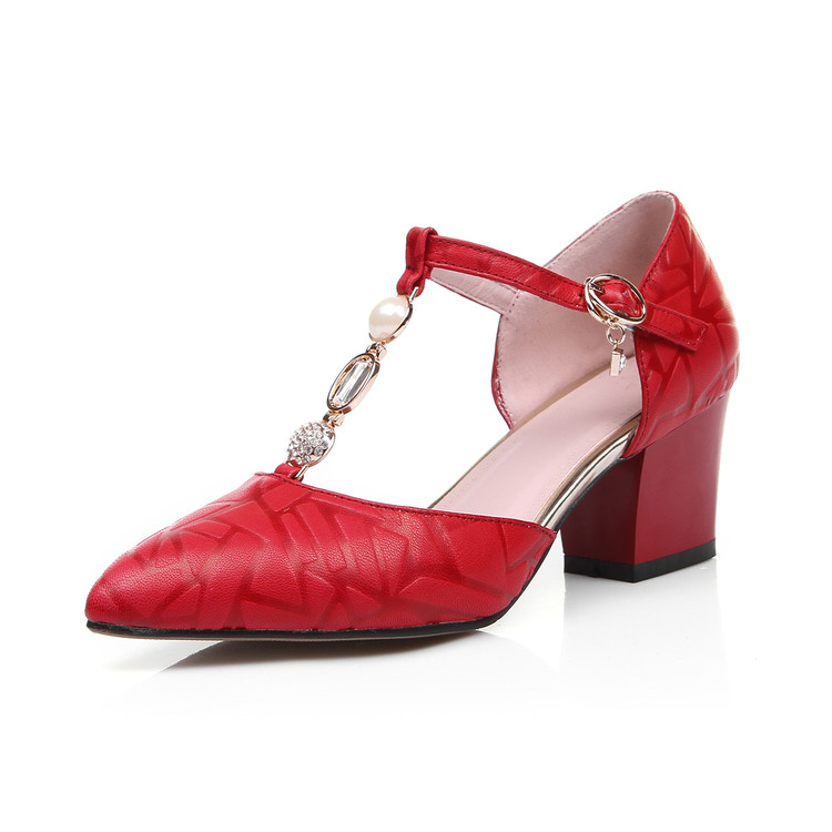 Women's Low-Top Leather Sandals with T-Strap and Chunky Mid Heel