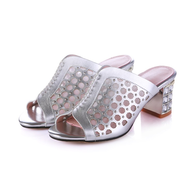 Silver Leather Mid Heel Clog Sandals with Rhinestones and Studs