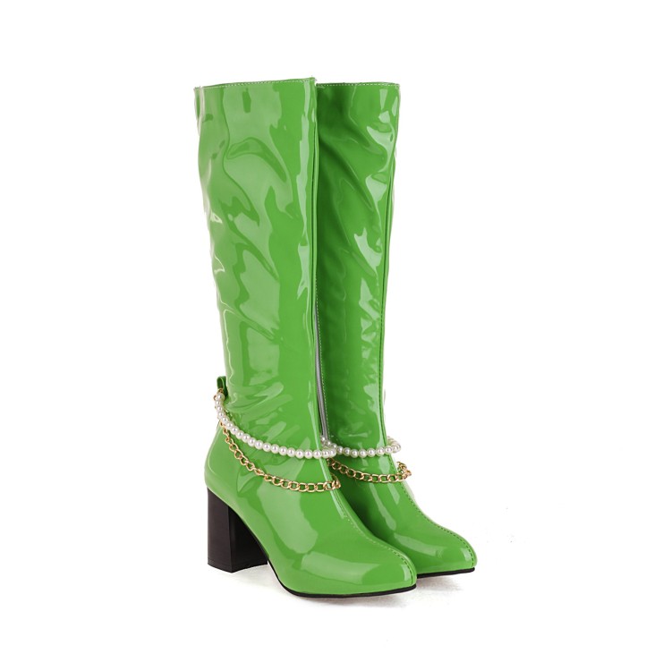 Women's High Shaft Pointed Toe Chunky Heel Fashion Boots with Metal Decoration