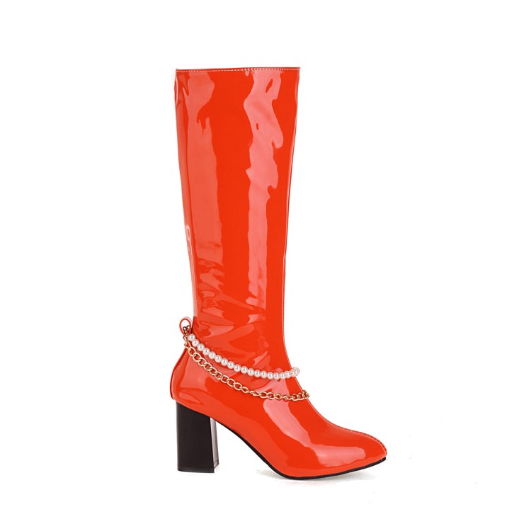 Women's High Shaft Pointed Toe Chunky Heel Fashion Boots with Metal Decoration - Image 4