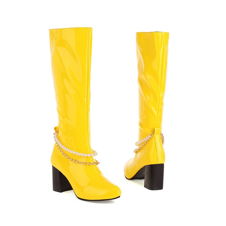 Women's High Shaft Pointed Toe Chunky Heel Fashion Boots with Metal Decoration - Image 3