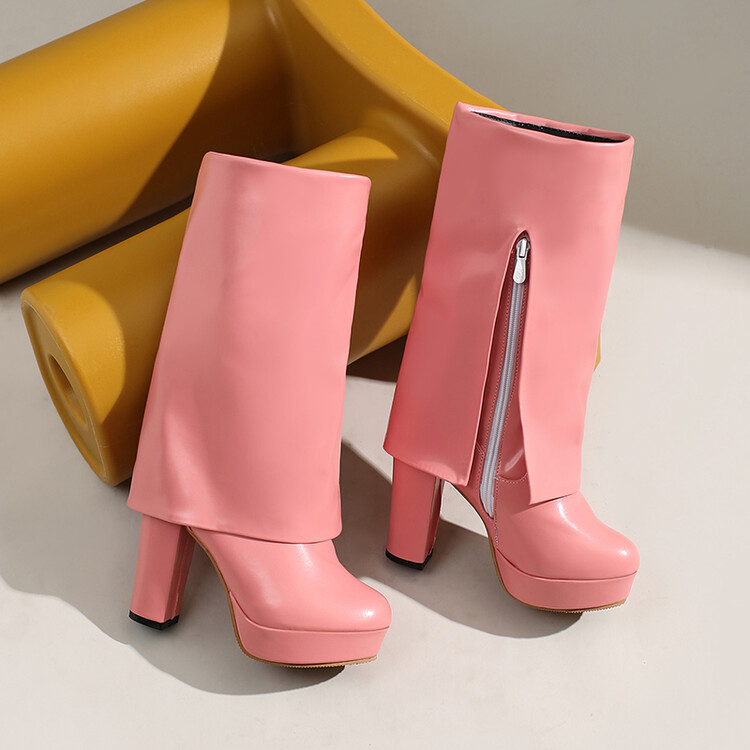 Japanese Style High Heel Chunky Platform Mid Calf Boots with Side Zipper - Image 3