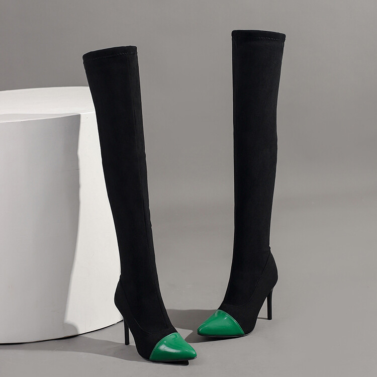 Women's Suede Pointed Toe High Heel Stiletto Long Boots with Front Zip