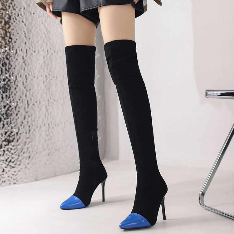 Women's Suede Pointed Toe High Heel Stiletto Long Boots with Front Zip - Image 2