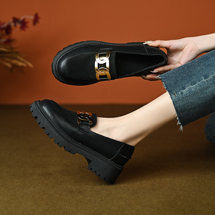 Women's British Style Leather Loafers Platform Slip-On Flat Shoes