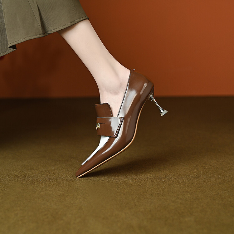 Minimalist Pointed Toe Slip-On Heels with Metal Cutout Detail - Image 2
