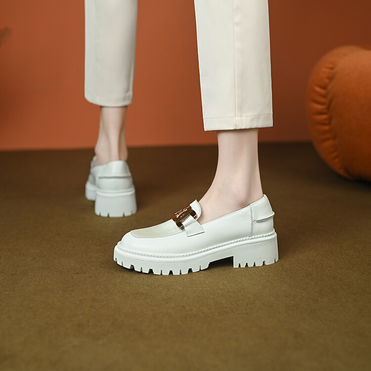 Women's British Style Leather Loafers with Buckle and Metal Decoration