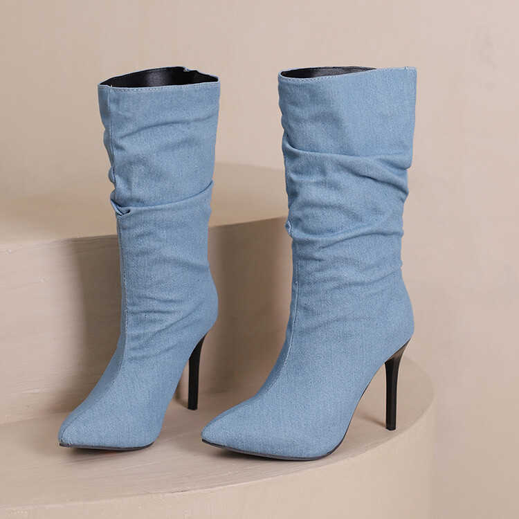 Women's Denim High Heel Stiletto Mid Calf Fashion Boots