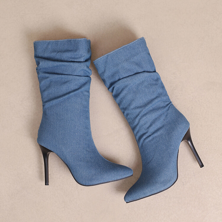 Women's Denim High Heel Stiletto Mid Calf Fashion Boots - Image 2