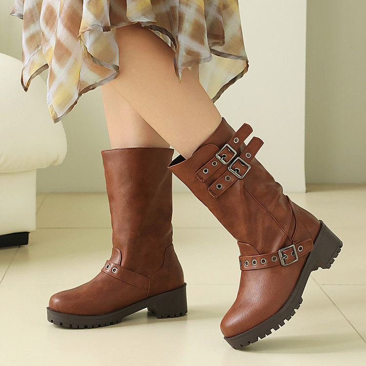 Knight Boots PU Rubber Sole Mid Heel Platform Buckle Detail - Style m.html - Image 5