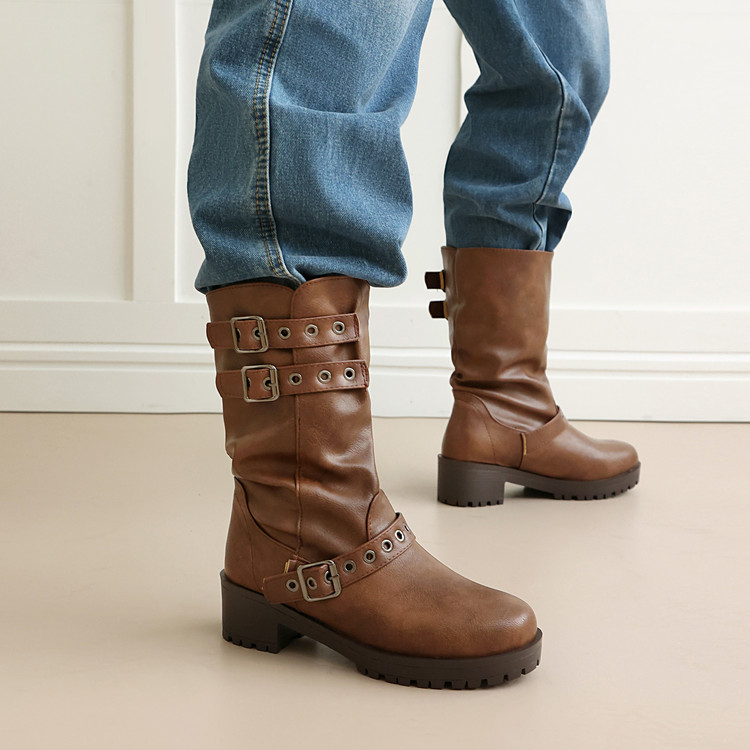 Knight Boots PU Rubber Sole Mid Heel Platform Buckle Detail - Style m.html - Image 3