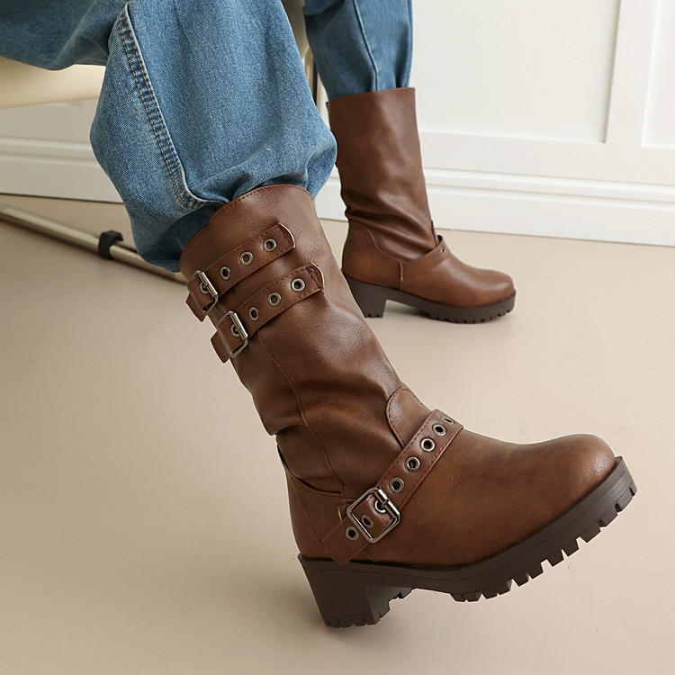 Knight Boots PU Rubber Sole Mid Heel Platform Buckle Detail - Style m.html - Image 4