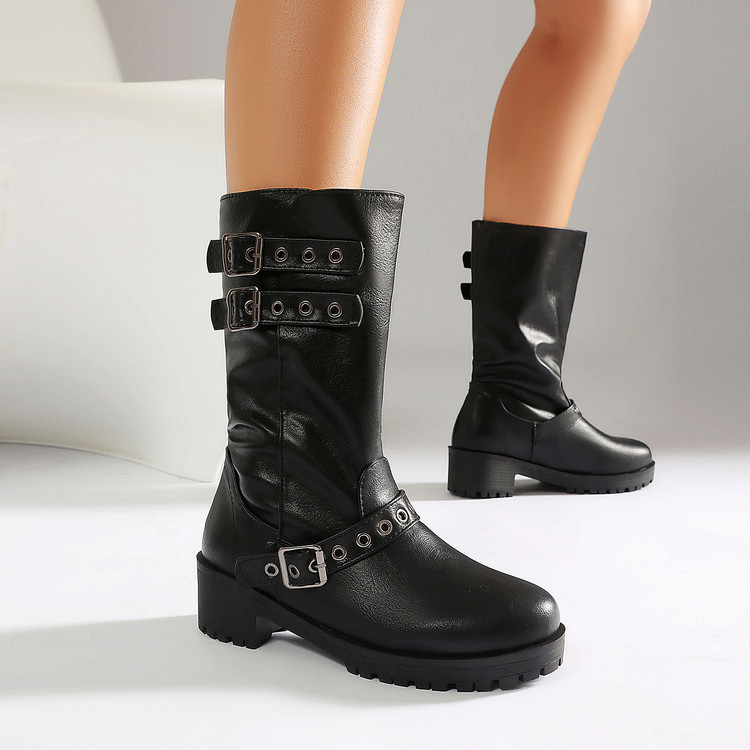 Knight Boots PU Rubber Sole Mid Heel Platform Buckle Detail - Style m.html
