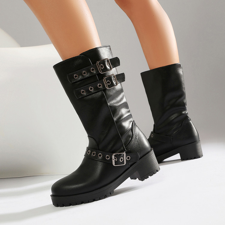 Knight Boots PU Rubber Sole Mid Heel Platform Buckle Detail - Style m.html - Image 2