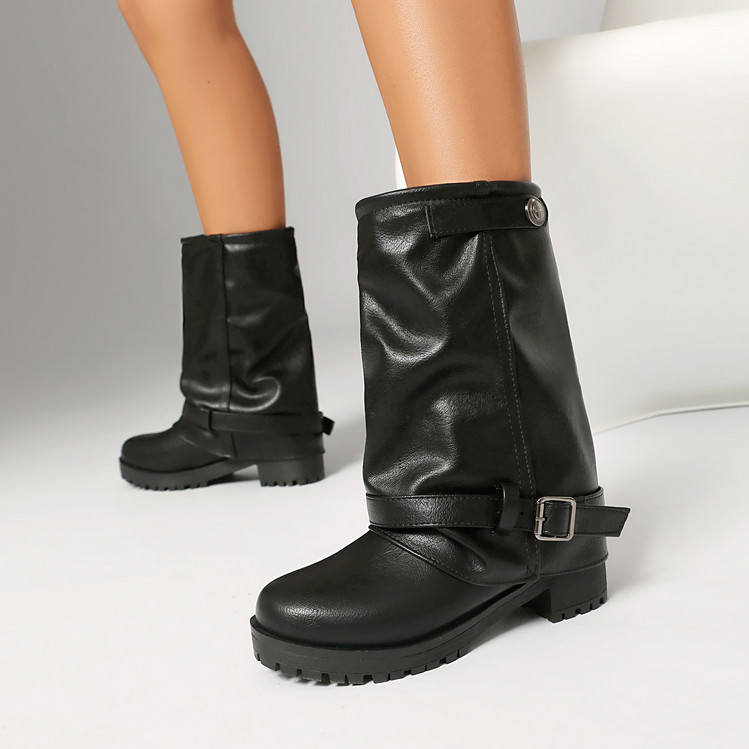 Knight Boots PU Rubber Sole Mid Heel Platform Buckle Detail - Style i.html - Image 4