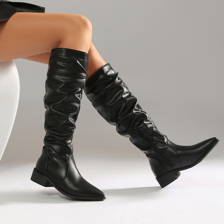 Women's Knight Boots PU Low Heel Pointed Toe Side Zip Mid Calf - Image 5