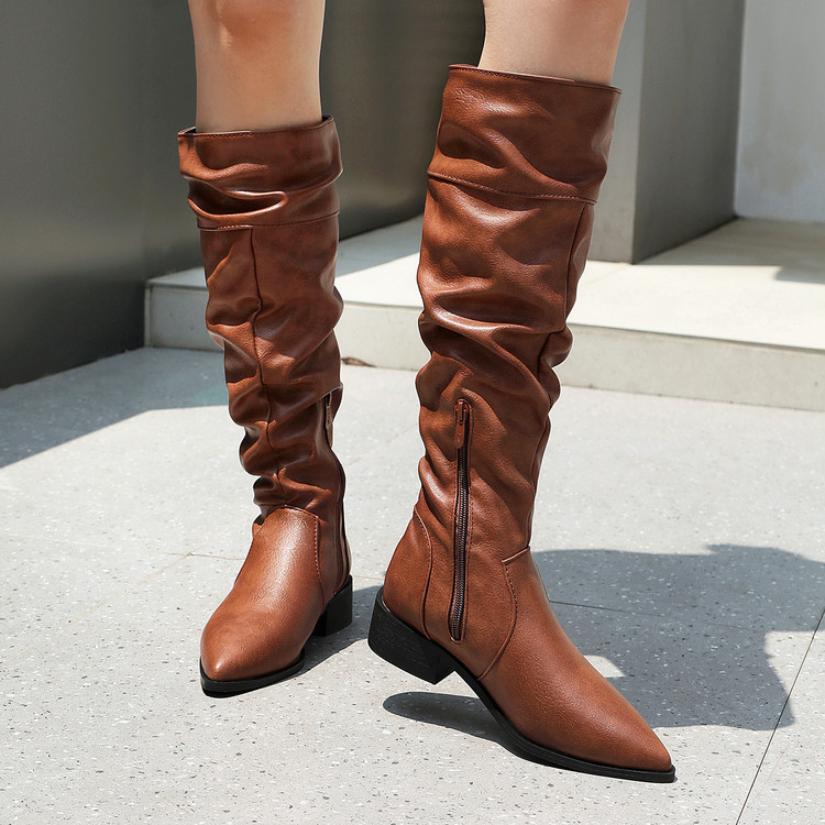Women's Knight Boots PU Low Heel Pointed Toe Side Zip Mid Calf - Image 2