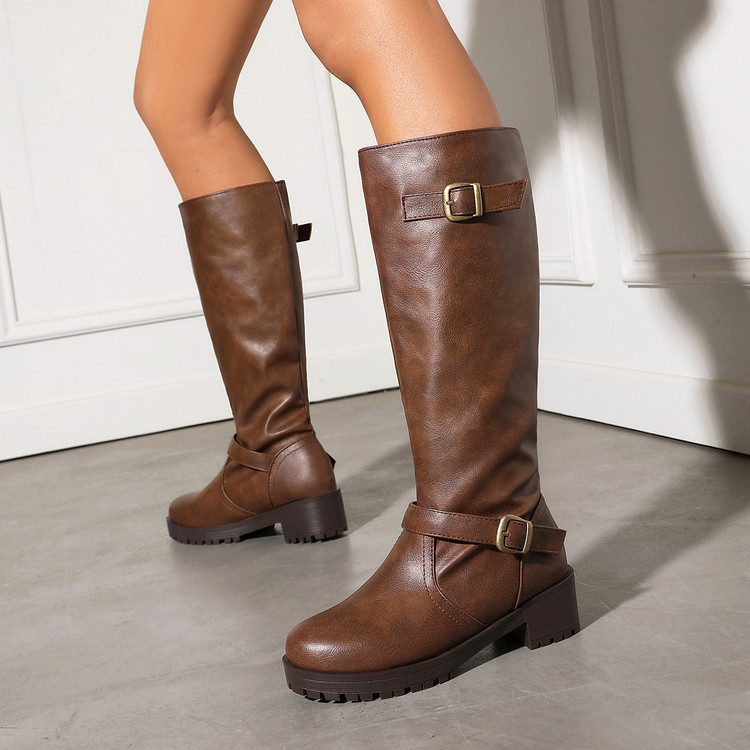 Knight Boots PU Rubber Sole Mid Heel Platform Buckle Detail - Style o.html - Image 5