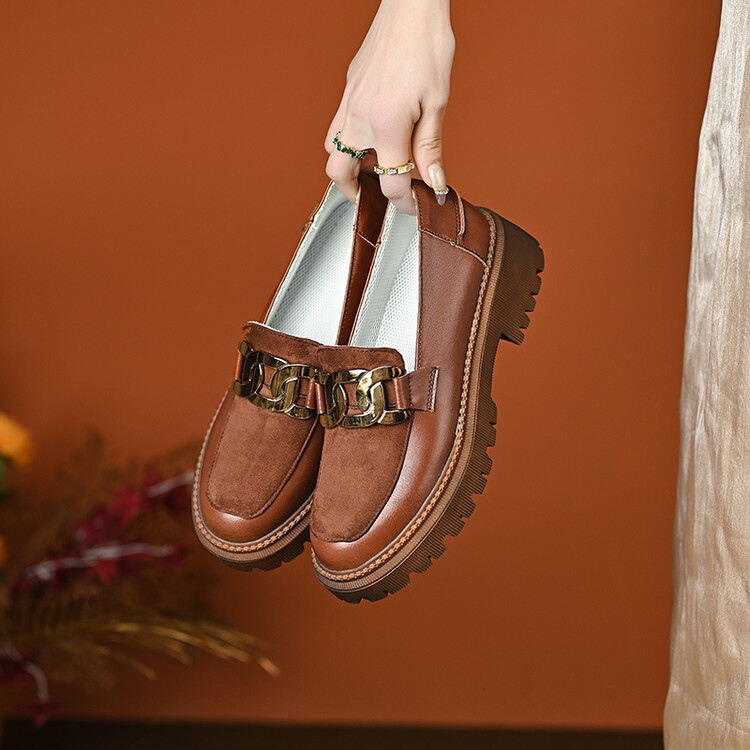Women's British Style Leather Loafers Platform Slip-On Flat Shoes - Image 3